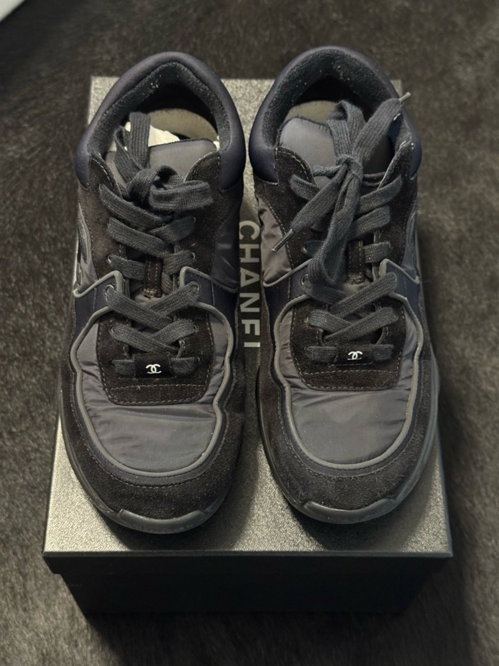 CHANEL White Suede CC Logo Tennis Shoes